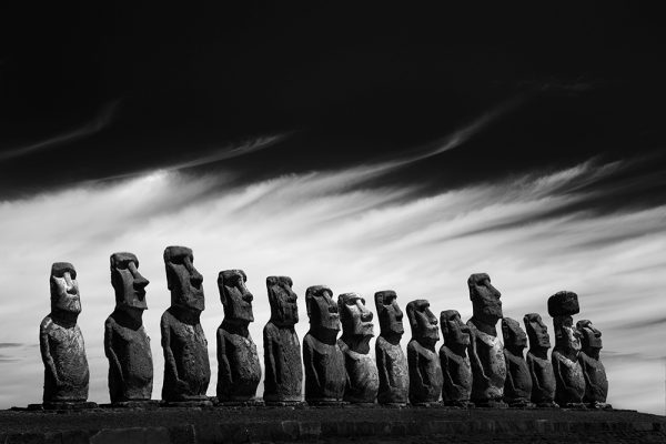 Black and White Photo of the Statues from Easter Island